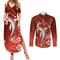 Personalized Hawaiian Maori Hammerhead Shark Couples Matching Summer Maxi Dress and Long Sleeve Button Shirt Ulaula Plumeria LT9 Red - Polynesian Pride