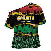 Vanuatu 46th Year Anniversary Cross Shoulder Shirt 30 July 1980 Hibiscus Seamless Pattern