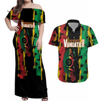 Vanuatu 46th Year Anniversary Couples Matching Off Shoulder Maxi Dress and Hawaiian Shirt Tamtam Slit Drums Long God Yumi Stanap LT9 Black - Polynesian Pride