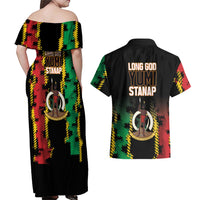 Vanuatu 46th Year Anniversary Couples Matching Off Shoulder Maxi Dress and Hawaiian Shirt Tamtam Slit Drums Long God Yumi Stanap LT9 - Polynesian Pride