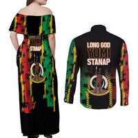 Vanuatu 46th Year Anniversary Couples Matching Off Shoulder Maxi Dress and Long Sleeve Button Shirt Tamtam Slit Drums Long God Yumi Stanap LT9 - Polynesian Pride