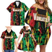 Vanuatu 46th Year Anniversary Family Matching Off Shoulder Short Dress and Hawaiian Shirt Tamtam Slit Drums Long God Yumi Stanap LT9 - Polynesian Pride