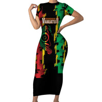 Vanuatu 46th Year Anniversary Family Matching Short Sleeve Bodycon Dress and Hawaiian Shirt Tamtam Slit Drums Long God Yumi Stanap LT9 Mom's Dress Black - Polynesian Pride