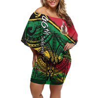 Vanuatu 46th Year Anniversary Family Matching Off Shoulder Short Dress and Hawaiian Shirt Vintage Grunge Vanuatu Flag Heritage LT9 Mom's Dress Black - Polynesian Pride