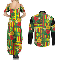 Hawaii Kanaka Maoli Hibiscus Couples Matching Summer Maxi Dress and Long Sleeve Button Shirt Hawaiian Flag Motif LT9 - Polynesian Pride