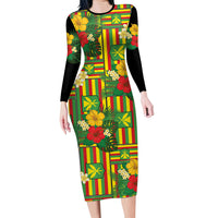 Hawaii Kanaka Maoli Hibiscus Long Sleeve Bodycon Dress Hawaiian Flag Motif LT9 Long Dress Green - Polynesian Pride