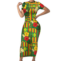 Hawaii Kanaka Maoli Hibiscus Short Sleeve Bodycon Dress Hawaiian Flag Motif LT9 Long Dress Green - Polynesian Pride