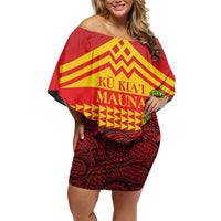 Hawaii Ku Kia'i Mauna Personalized Family Matching Off Shoulder Short Dress and Hawaiian Shirt Hibiscus Kakau Pattern LT9 Mom's Dress Red - Polynesian Pride