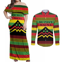 Hawaii Ku Kia'i Mauna Personalized Couples Matching Off Shoulder Maxi Dress and Long Sleeve Button Shirt Hawaiian Kanaka Maoli Motif LT9 Green - Polynesian Pride
