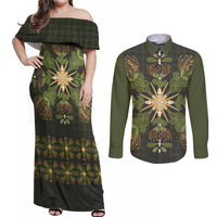 Hawaii Ohia Lehua Squares Couples Matching Off Shoulder Maxi Dress and Long Sleeve Button Shirt Hawaiian Quilt Inspired Floral Pattern LT9 Green - Polynesian Pride