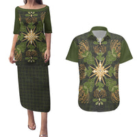 Hawaii Ohia Lehua Squares Couples Matching Puletasi and Hawaiian Shirt Hawaiian Quilt Inspired Floral Pattern LT9 Green - Polynesian Pride