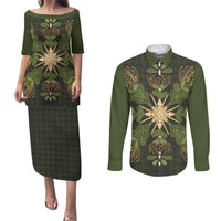 Hawaii Ohia Lehua Squares Couples Matching Puletasi and Long Sleeve Button Shirt Hawaiian Quilt Inspired Floral Pattern