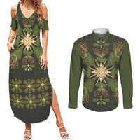 Hawaii Ohia Lehua Squares Couples Matching Summer Maxi Dress and Long Sleeve Button Shirt Hawaiian Quilt Inspired Floral Pattern LT9 Green - Polynesian Pride