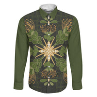 Hawaii Ohia Lehua Squares Family Matching Off Shoulder Short Dress and Hawaiian Shirt Hawaiian Quilt Inspired Floral Pattern LT9 Dad's Shirt - Long Sleeve Green - Polynesian Pride