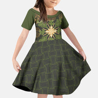 Hawaii Ohia Lehua Squares Family Matching Puletasi and Hawaiian Shirt Hawaiian Quilt Inspired Floral Pattern LT9 Daughter's Dress Green - Polynesian Pride