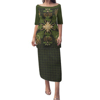 Hawaii Ohia Lehua Squares Family Matching Puletasi and Hawaiian Shirt Hawaiian Quilt Inspired Floral Pattern LT9 Mom's Dress Green - Polynesian Pride