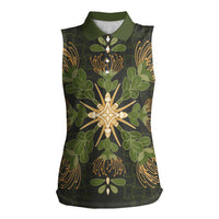 Hawaii Ohia Lehua Squares Women Sleeveless Polo Shirt Hawaiian Quilt Inspired Floral Pattern LT9 Female Green - Polynesian Pride