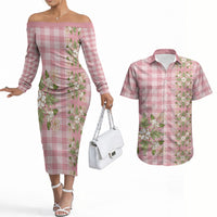 Akala Hamele Hawai'i Palaka Squares Maile Leaf Couples Matching Off The Shoulder Long Sleeve Dress and Hawaiian Shirt Flowers Hawaiian Quilt Patterns LT9 Dusty Rose - Polynesian Pride