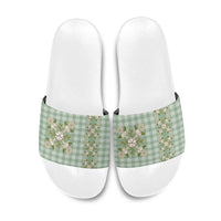 Liko Kukui Hawai'i Palaka Squares Maile Leaf Slide Sandals Flowers Hawaiian Quilt Patterns LT9 Sage Green - Polynesian Pride