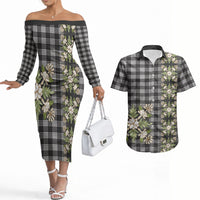 Pauli Hawai'i Palaka Squares Maile Leaf Couples Matching Off The Shoulder Long Sleeve Dress and Hawaiian Shirt Flowers Hawaiian Quilt Patterns LT9 Soft Black - Polynesian Pride