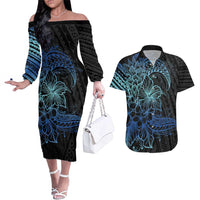 Floral Polynesian Hibiscus Tattoo Couples Matching Off The Shoulder Long Sleeve Dress and Hawaiian Shirt Blue Gradient Style LT9 Blue - Polynesian Pride