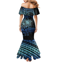 Floral Polynesian Hibiscus Tattoo Family Matching Mermaid Dress and Hawaiian Shirt Blue Gradient Style LT9 - Polynesian Pride