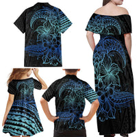 Floral Polynesian Hibiscus Tattoo Family Matching Off Shoulder Maxi Dress and Hawaiian Shirt Blue Gradient Style LT9 - Polynesian Pride