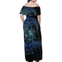 Floral Polynesian Hibiscus Tattoo Family Matching Off Shoulder Maxi Dress and Hawaiian Shirt Blue Gradient Style LT9 - Polynesian Pride