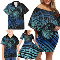 Floral Polynesian Hibiscus Tattoo Family Matching Off Shoulder Short Dress and Hawaiian Shirt Blue Gradient Style LT9 - Polynesian Pride