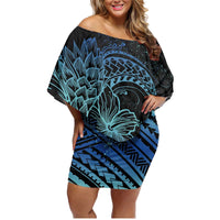 Floral Polynesian Hibiscus Tattoo Family Matching Off Shoulder Short Dress and Hawaiian Shirt Blue Gradient Style LT9 Mom's Dress Blue - Polynesian Pride