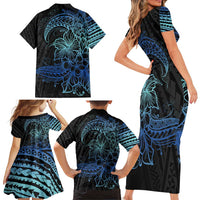 Floral Polynesian Hibiscus Tattoo Family Matching Short Sleeve Bodycon Dress and Hawaiian Shirt Blue Gradient Style LT9 - Polynesian Pride