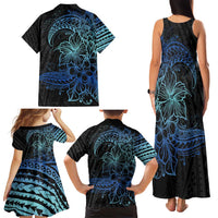 Floral Polynesian Hibiscus Tattoo Family Matching Tank Maxi Dress and Hawaiian Shirt Blue Gradient Style LT9 - Polynesian Pride