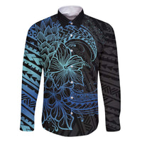 Floral Polynesian Hibiscus Tattoo Family Matching Tank Maxi Dress and Hawaiian Shirt Blue Gradient Style LT9 Dad's Shirt - Long Sleeve Blue - Polynesian Pride
