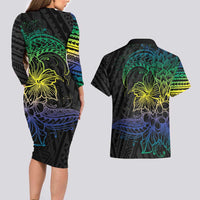 Floral Polynesian Hibiscus Tattoo Couples Matching Long Sleeve Bodycon Dress and Hawaiian Shirt Green Gradient Style LT9 - Polynesian Pride
