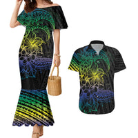 Floral Polynesian Hibiscus Tattoo Couples Matching Mermaid Dress and Hawaiian Shirt Green Gradient Style LT9 Green - Polynesian Pride