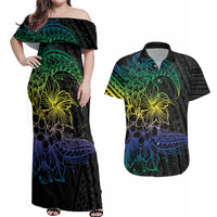 Floral Polynesian Hibiscus Tattoo Couples Matching Off Shoulder Maxi Dress and Hawaiian Shirt Green Gradient Style LT9 Green - Polynesian Pride