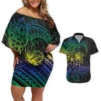 Floral Polynesian Hibiscus Tattoo Couples Matching Off Shoulder Short Dress and Hawaiian Shirt Green Gradient Style LT9 Green - Polynesian Pride