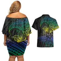 Floral Polynesian Hibiscus Tattoo Couples Matching Off Shoulder Short Dress and Hawaiian Shirt Green Gradient Style LT9 - Polynesian Pride