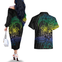 Floral Polynesian Hibiscus Tattoo Couples Matching Off The Shoulder Long Sleeve Dress and Hawaiian Shirt Green Gradient Style LT9 - Polynesian Pride