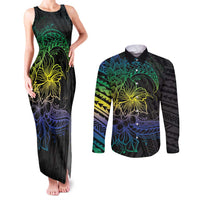 Floral Polynesian Hibiscus Tattoo Couples Matching Tank Maxi Dress and Long Sleeve Button Shirt Green Gradient Style