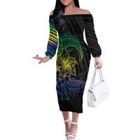 Floral Polynesian Hibiscus Tattoo Family Matching Off The Shoulder Long Sleeve Dress and Hawaiian Shirt Green Gradient Style LT9 Mom's Dress Green - Polynesian Pride