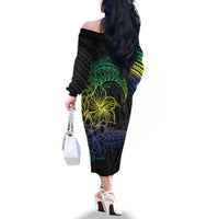 Floral Polynesian Hibiscus Tattoo Family Matching Off The Shoulder Long Sleeve Dress and Hawaiian Shirt Green Gradient Style LT9 - Polynesian Pride
