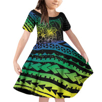 Floral Polynesian Hibiscus Tattoo Family Matching Off Shoulder Short Dress and Hawaiian Shirt Green Gradient Style LT9 Daughter's Dress Green - Polynesian Pride