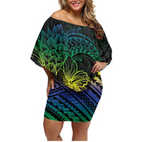 Floral Polynesian Hibiscus Tattoo Family Matching Off Shoulder Short Dress and Hawaiian Shirt Green Gradient Style LT9 Mom's Dress Green - Polynesian Pride