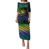 Floral Polynesian Hibiscus Tattoo Family Matching Puletasi and Hawaiian Shirt Green Gradient Style LT9 Mom's Dress Green - Polynesian Pride