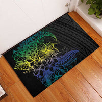 Floral Polynesian Hibiscus Tattoo Rubber Doormat Green Gradient Style