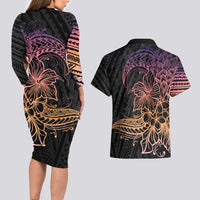 Floral Polynesian Hibiscus Tattoo Couples Matching Long Sleeve Bodycon Dress and Hawaiian Shirt Peach Gradient Style LT9 - Polynesian Pride
