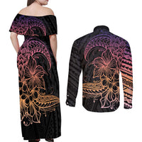 Floral Polynesian Hibiscus Tattoo Couples Matching Off Shoulder Maxi Dress and Long Sleeve Button Shirt Peach Gradient Style