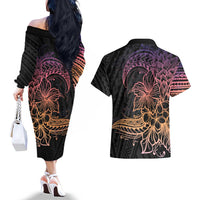 Floral Polynesian Hibiscus Tattoo Couples Matching Off The Shoulder Long Sleeve Dress and Hawaiian Shirt Peach Gradient Style LT9 - Polynesian Pride