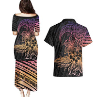 Floral Polynesian Hibiscus Tattoo Couples Matching Puletasi and Hawaiian Shirt Peach Gradient Style